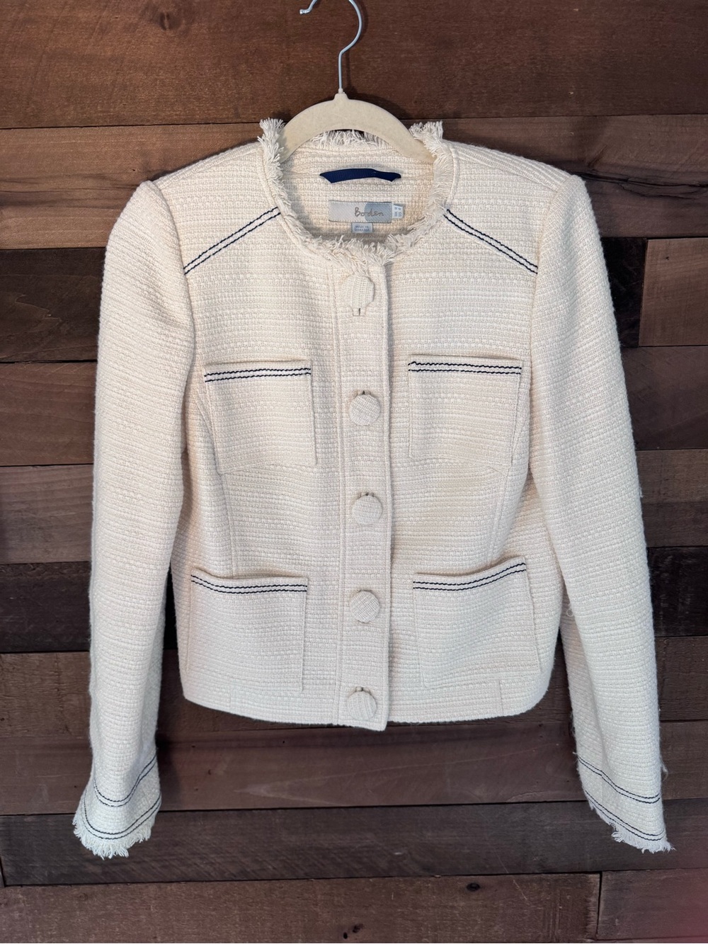 Boden Cream Bouclé Collarless Blazer with Blue Trim